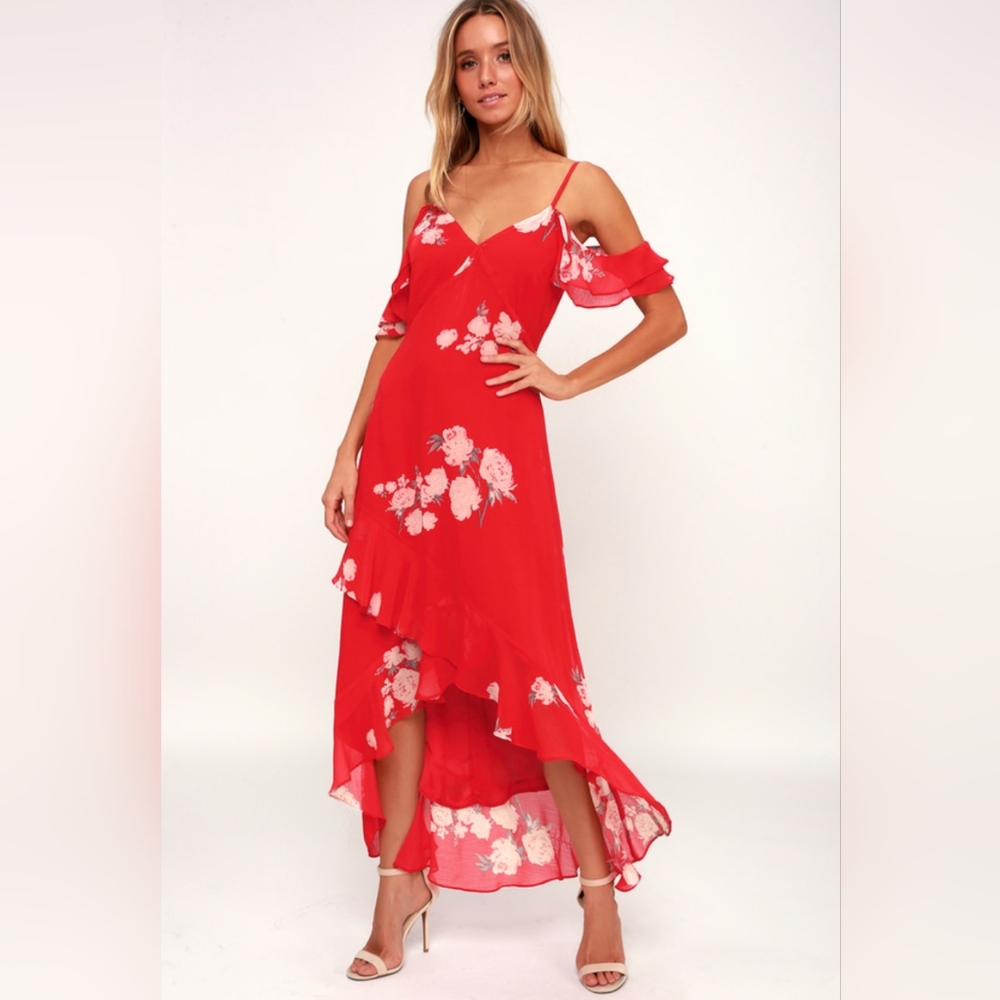 Lulu's Red Floral High Low Dress.  New